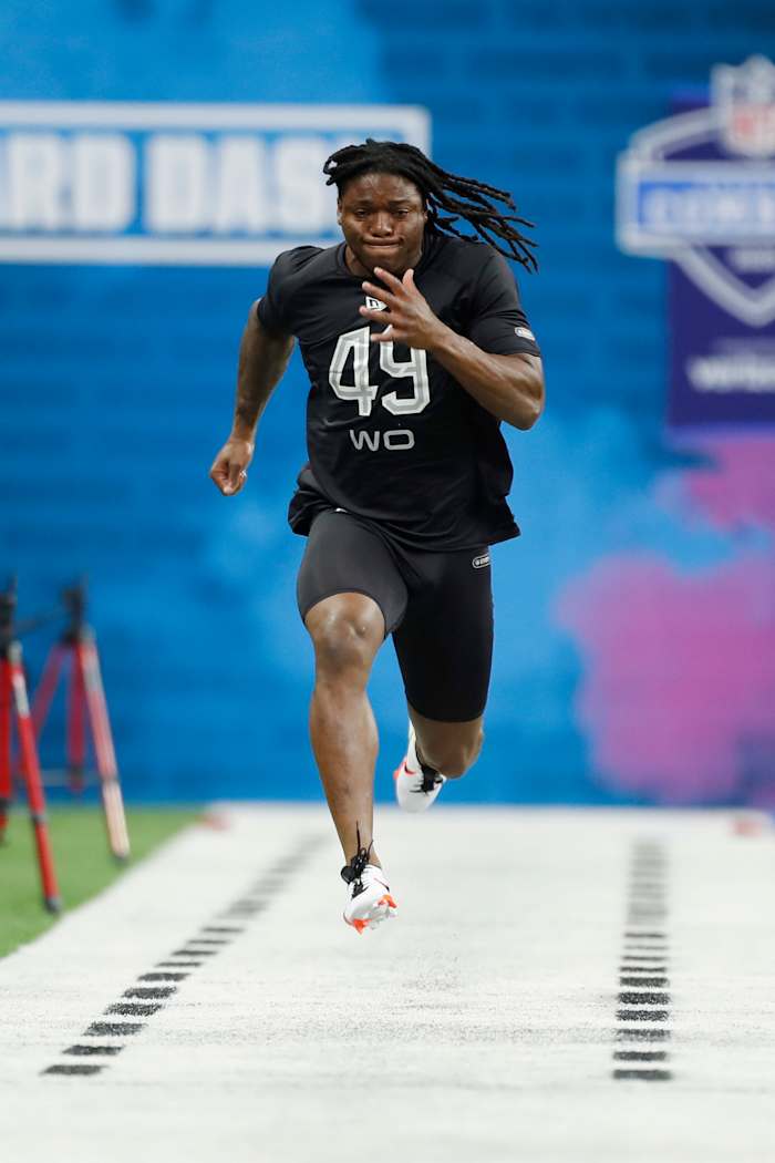 Colorado receiver Laviska Shenault runs the 40-yard dash at the 2020 NFL Combine